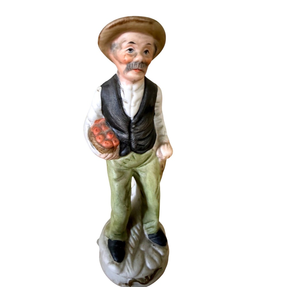 Flambro Vintage Farmer Figurine Man‎ Holding Fruit Porcelain Cottagecore Decor